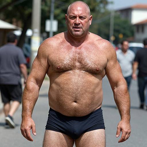 Photograph of a bald, middle-aged, muscular, shirtless man with hairy chest, wearing black briefs, walking on a busy urban street.