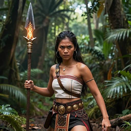 Photograph of a fierce-looking woman with dark hair, wearing a white crop top, black skirt, and ornate belt, holding a glowing spear in
