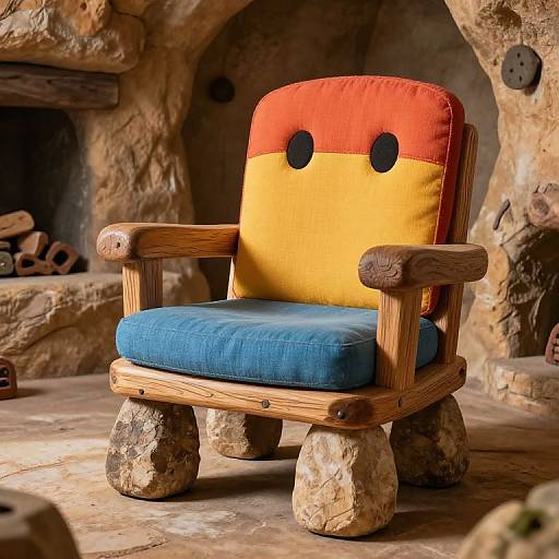 Photograph of a rustic wooden chair with a colorful, face-like cushion (red, yellow, blue) on a rocky, cave-like background.