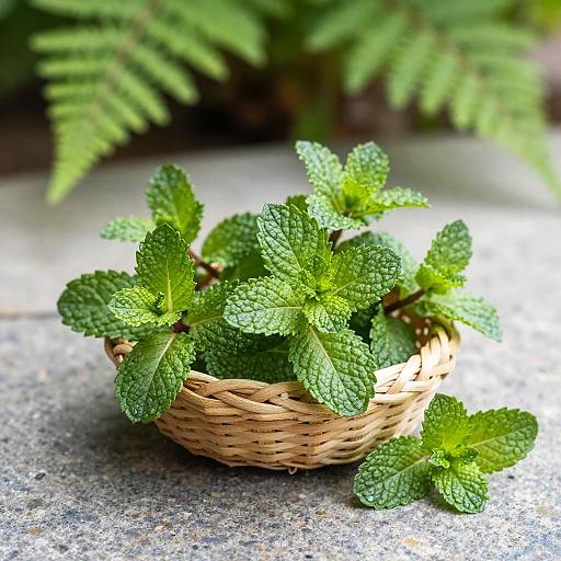 Photograph of a small, woven wicker basket filled with fresh, vibrant green mint leaves, resting on a textured stone surface.