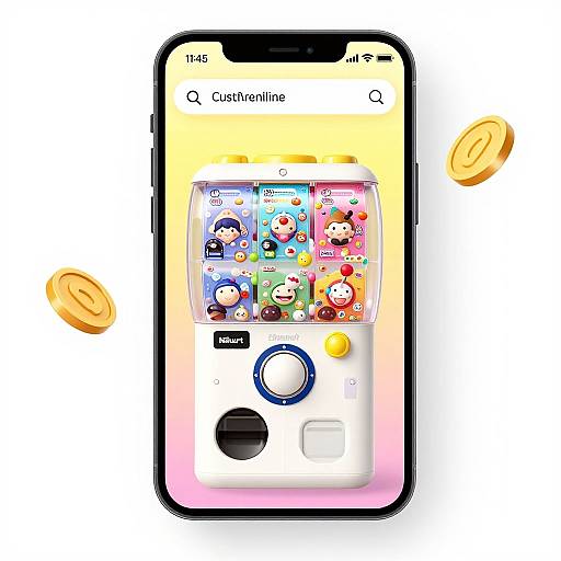 Photograph of a smartphone displaying a virtual Game Boy screen with iconic characters, surrounded by floating gold coins, against a white background.