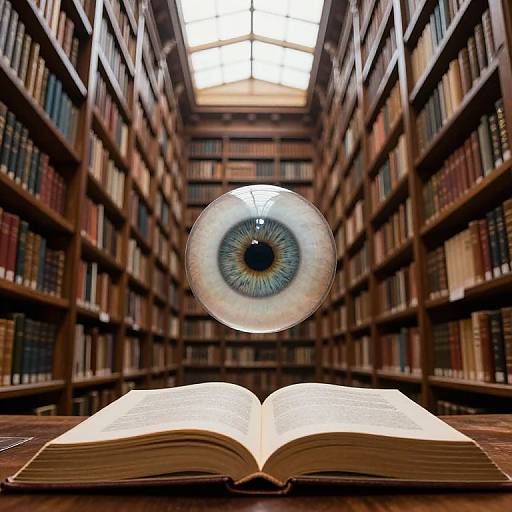 Photograph of an open book on a wooden table in a library, with a floating eye in the center, surrounded by tall bookshelves.