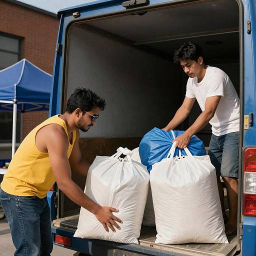 Workers Loading Blue Laundry Truck