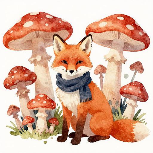 Calm Fox Among Colorful Mushrooms