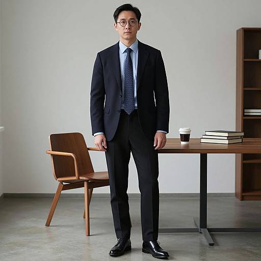 Photograph of an Asian man in a black suit, blue tie, and glasses standing in a modern office with wooden chair and desk.