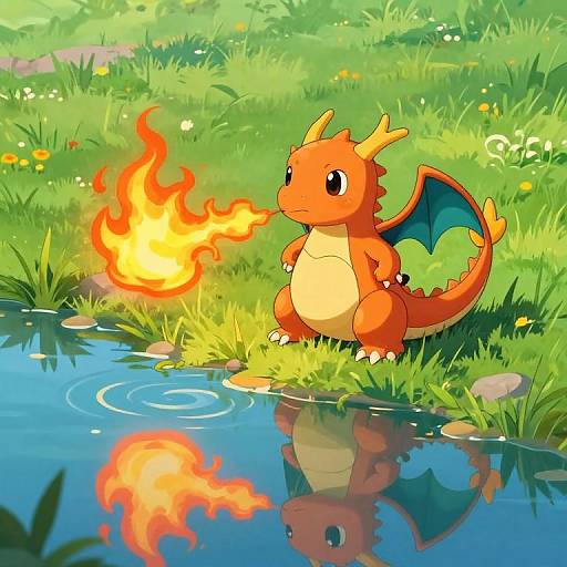 Cute Dragon Breathing Fire by Puddle