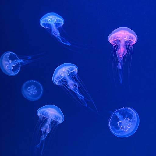 Photograph of glowing blue and purple jellyfish floating against a dark blue background, their translucent, umbrella-shaped bodies and delicate tentacles creating a mesmerizing