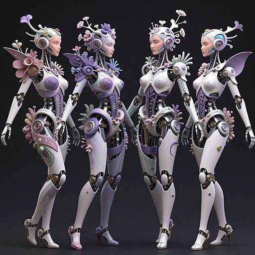 Photorealistic CGI of three futuristic, flower-adorned, white and purple robotic women with intricate mechanical details and high heels, standing against a dark