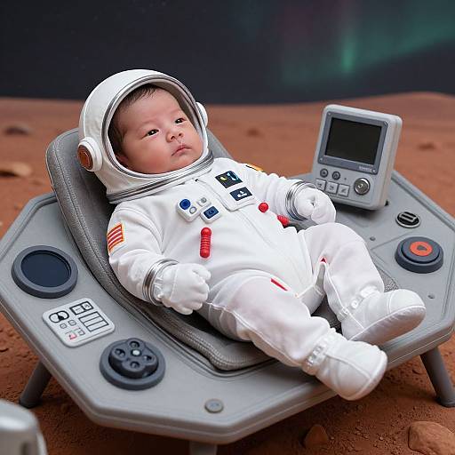 Photorealistic image of a baby in a white astronaut suit, lying on a space chair with controls, on a reddish Martian surface.