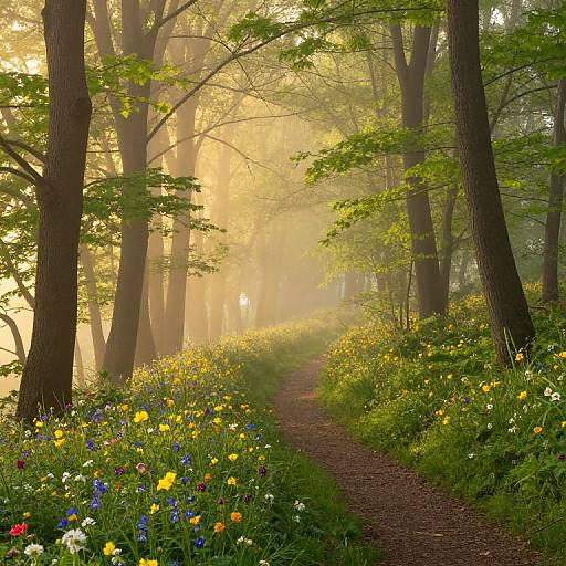 Photograph of a sunlit forest path flanked by vibrant wildflowers and tall trees, with a misty, golden morning light filtering through the leaves