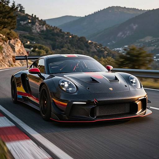 Photorealistic image of a sleek, black, carbon-fiber Porsche 911 racing on a mountain road with red stripes, surrounded by lush green hills