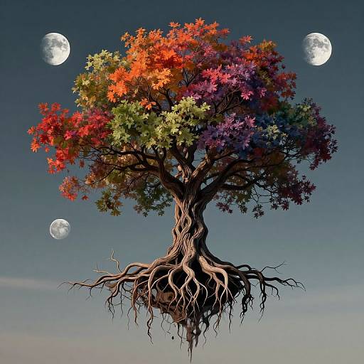 Digital artwork of a floating tree with colorful autumn leaves, exposed roots, and four full moons in a twilight sky.