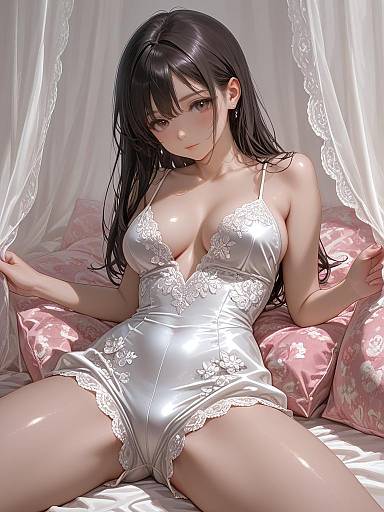 Realistic Portrait of Woman in Satin Lace Romper
