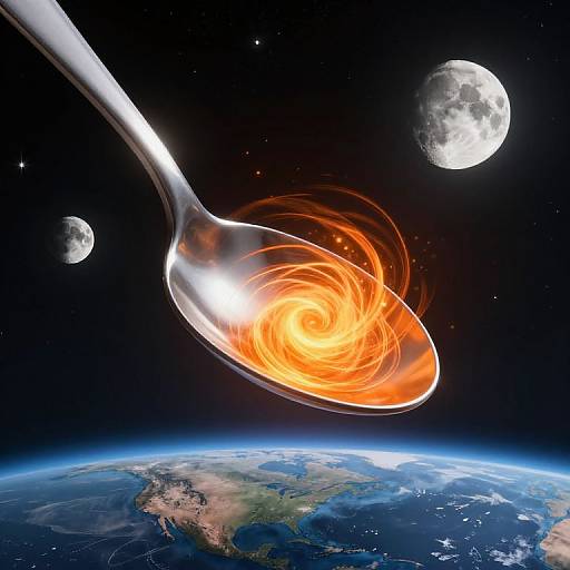 Digital artwork: A silver spoon holds a swirling, fiery orange vortex, hovering above Earth with three moons in a starry black sky.