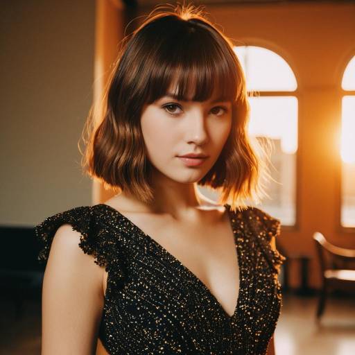 Young Woman with Arched Bangs in Elegant Evening Gown