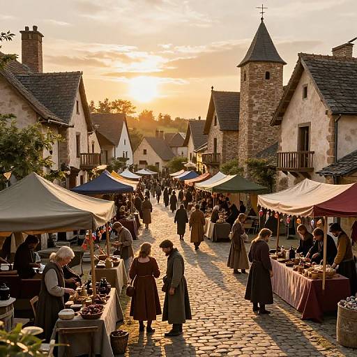 Photograph of a charming, medieval-style market at sunset, with cobblestone street, stone buildings, vendors' stalls, and shoppers in period clothing