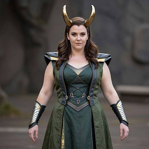 Photograph of a woman with dark hair, green dress, gold horns, black shoulder and arm armor, standing confidently in a rocky background.