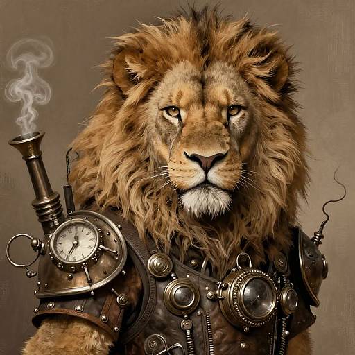 Digital artwork of a regal lion wearing steampunk armor with gears, a clock, and a smoking pipe, set against a brown gradient background.