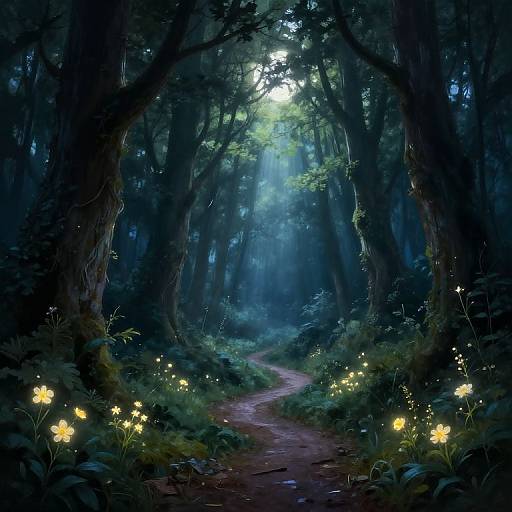 Mystical Forest Path with Glowing Flowers