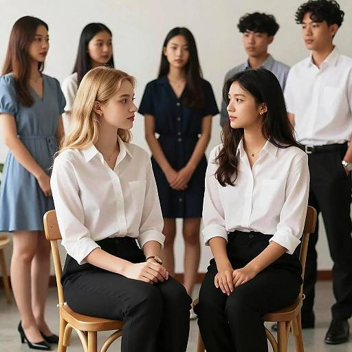Young Adults in Office Attire Sitting and Standing Indoors