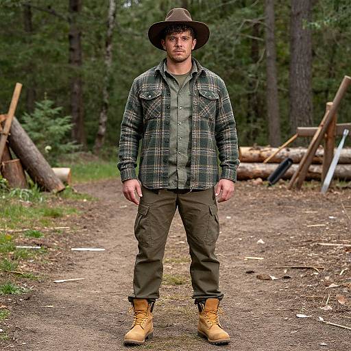 Photograph of a bearded man in a green plaid shirt, brown pants, tan boots, and wide-brimmed hat, standing on a