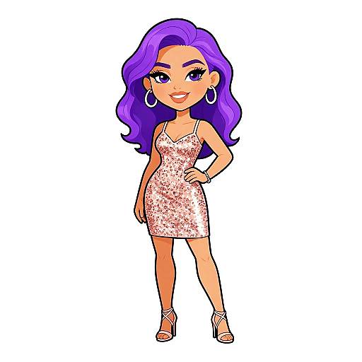 Cartoon-style drawing of a confident woman with purple hair, wearing a white sparkly dress, large hoop earrings, and white high heels.