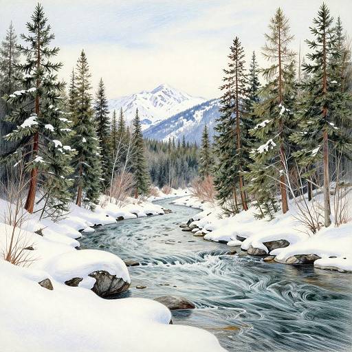 Serene Winter River in Pine Forest