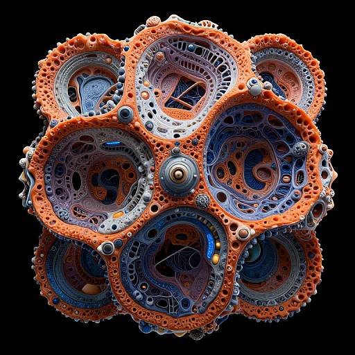 Abstract digital artwork of a complex, multi-layered, orange and blue mechanical structure with intricate gears, holes, and circular patterns on a black background.