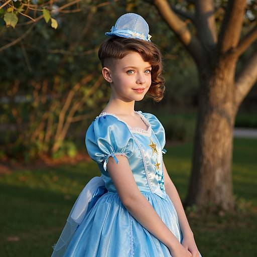 Photograph of a young girl with short brown hair wearing a blue satin princess dress, white bow, and matching hat, standing in a sunlit,