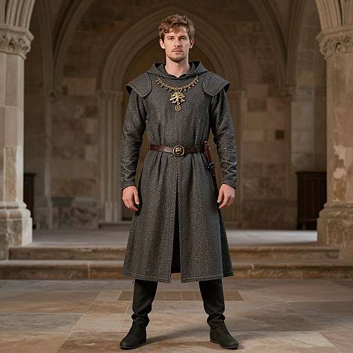 Photograph of a young white man with short brown hair in a medieval-style black long tunic, belt, and boots, standing in a stone arch