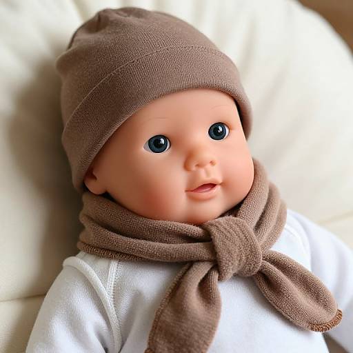 Photograph of a doll with fair skin, blue eyes, brown knit hat, and matching scarf, wearing a white shirt, lying on a white surface