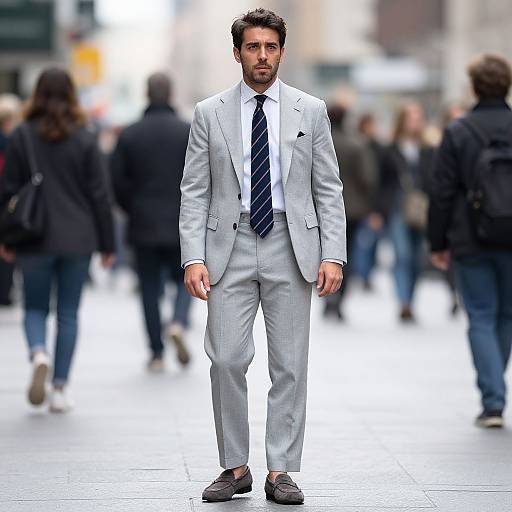 Photograph of a handsome man with dark hair and beard, wearing a light gray suit, navy tie, and brown loafers, walking confidently in a