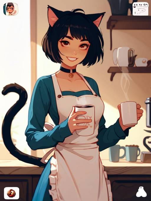 Cute Girl with Cat Ears and Coffee