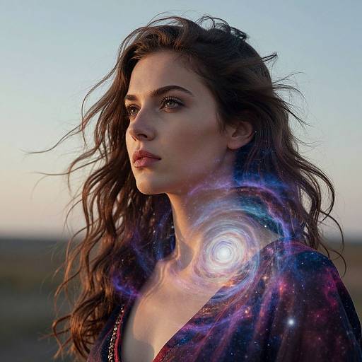 Photorealistic digital image of a young woman with wavy brown hair, wearing a starry-patterned top, featuring a glowing, swirling cosmic energy