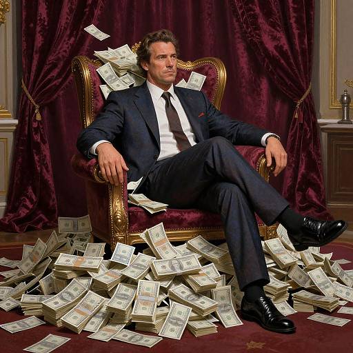 Man on Money Throne in Luxurious Office