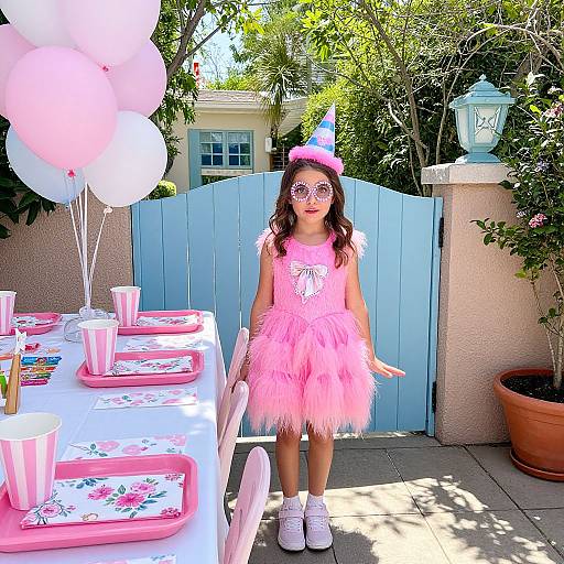 Photograph of a young girl in a pink tutu dress and matching hat, standing in a sunlit backyard with blue gate, pink and white balloons