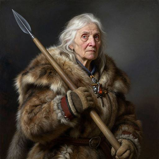 Photograph of an elderly Caucasian woman with white hair, wearing a fur cloak, holding a spear, dark background, serious expression.