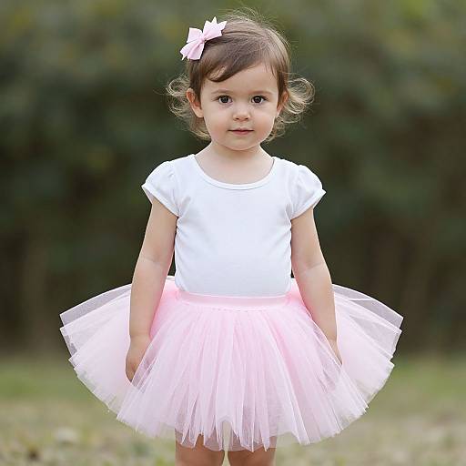 Photograph of a young Asian girl with light brown hair, wearing a white top and pink tulle skirt, adorned with a pink bow, standing outdoors