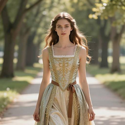 Young Woman in Renaissance-Style Gown on Tree-Lined Path