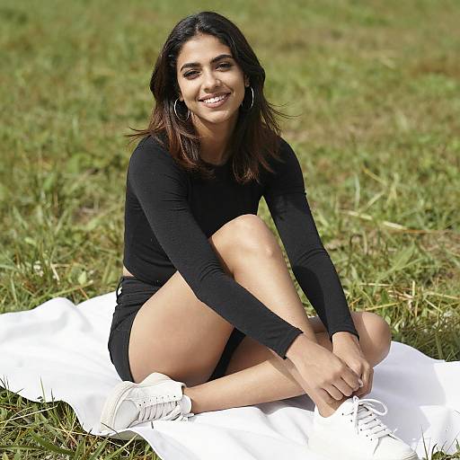 Smiling Woman Relaxing on Grass