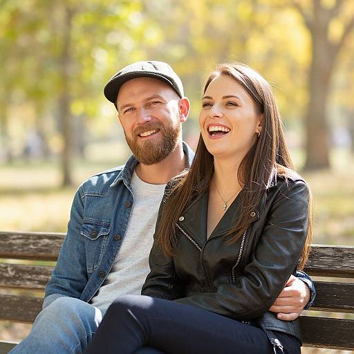 Photograph of a smiling bearded man in a denim jacket and cap, and a woman with long brown hair in a black leather jacket, sitting on