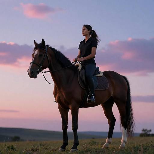 Woman Riding Horse at Sunset