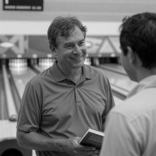 Smiling Middle-aged Man Holding Book at Bowling Alley