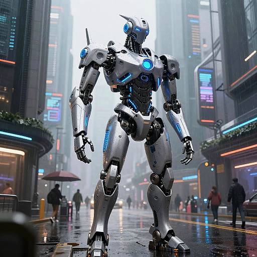 CGI sci-fi image of a tall, silver, blue-accented humanoid robot standing in a rainy, neon-lit city street with pedestrians.