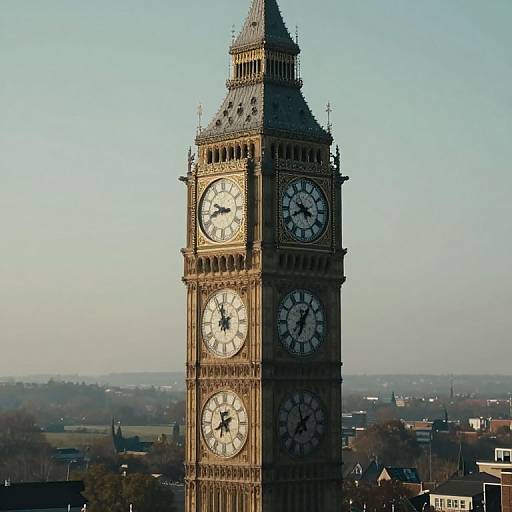 Photograph of the iconic Big Ben clock tower in London, showing four large white clock faces with black Roman numerals, against a clear blue sky and