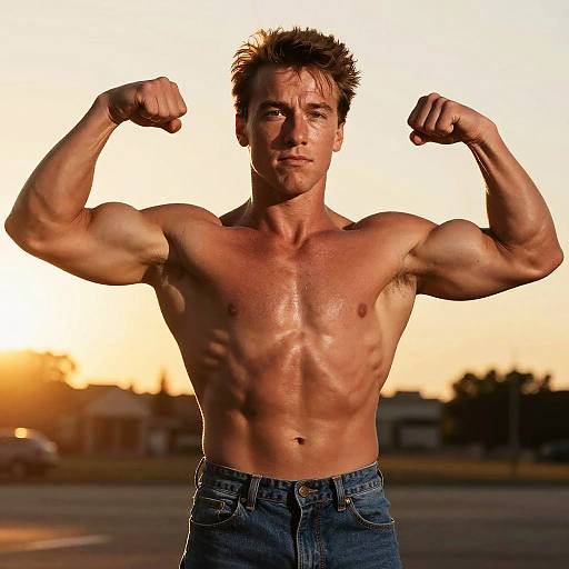 Teenage Arnold Schwarzenegger Flexing Outdoors