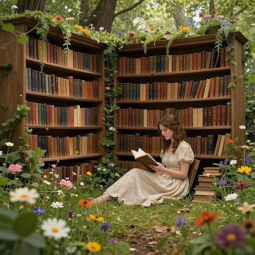 Photograph of a brunette woman in a cream dress reading a book, sitting against a wooden bookshelf surrounded by lush flowers and greenery in a sun