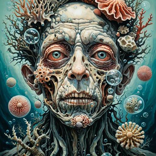 Surreal Deformed Face with Coral and Sea Creatures