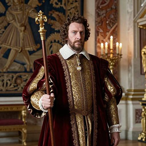 Photograph of a bearded man with curly brown hair, wearing ornate gold and red Renaissance-style robe, holding a staff, standing in a rich