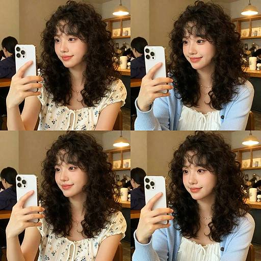 Photograph of a smiling young Asian woman with curly black hair, wearing a white floral dress and light blue cardigan, taking four identical selfies in a